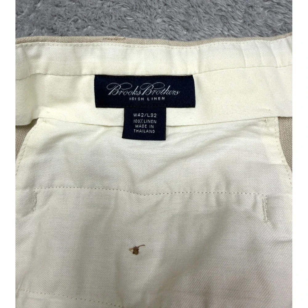 Brooks Brothers Pants Mens 41x30.5 Tan Beige Irish Linen Pleated Cuffed Slacks